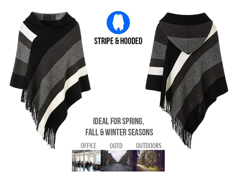 Ferand Women's Striped Poncho Sweater Cozy Knit Fringe Shawl Wraps with Hood for Fall Winter - Image 4